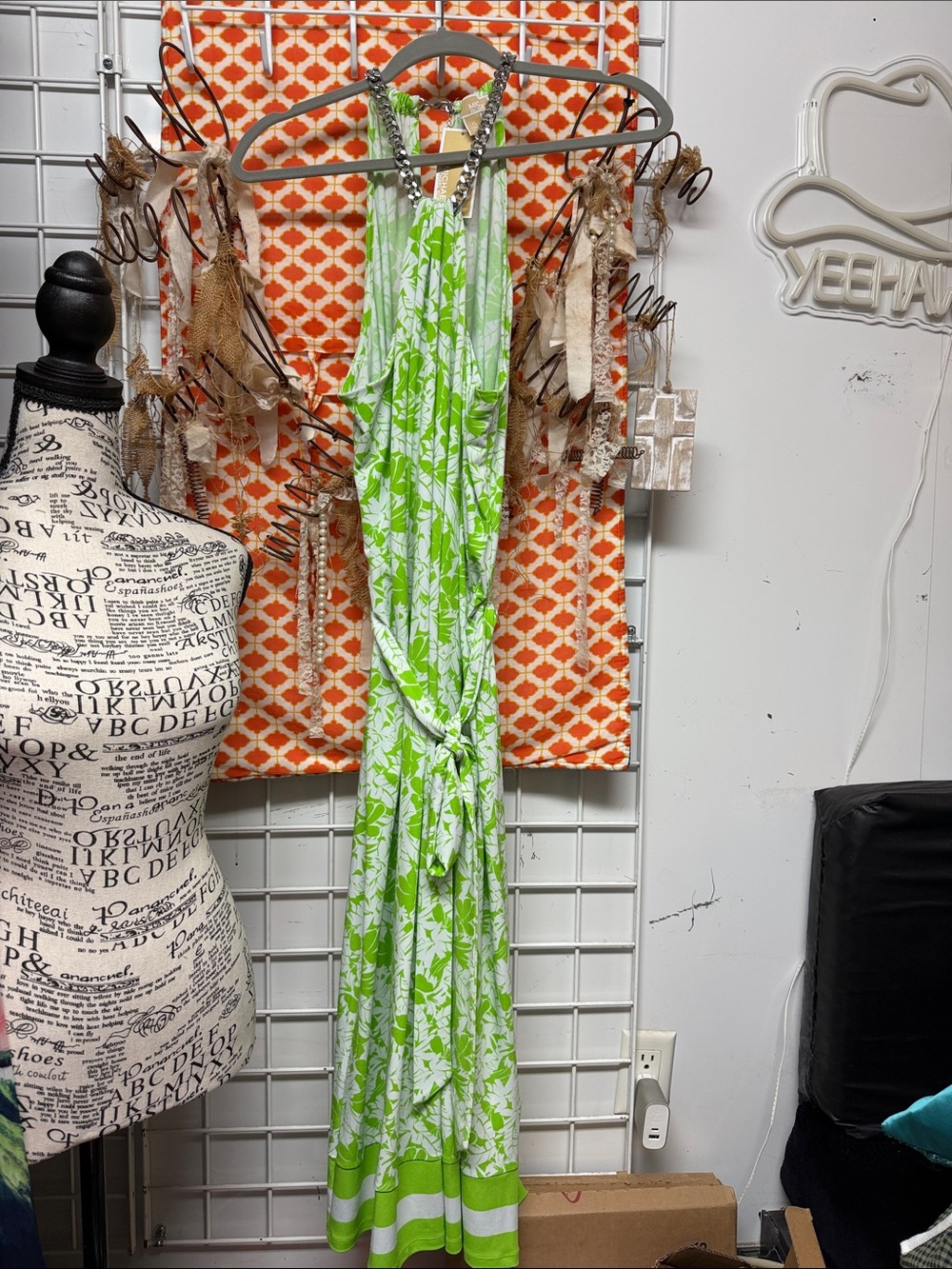 Michael Kors Green and White Tropical Print Halter Maxi Dress
